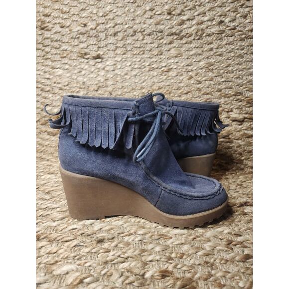 Rocket Dog Wedge Booties Blue Suede Moccasin Fringe Women's 8 - Picture 7 of 12